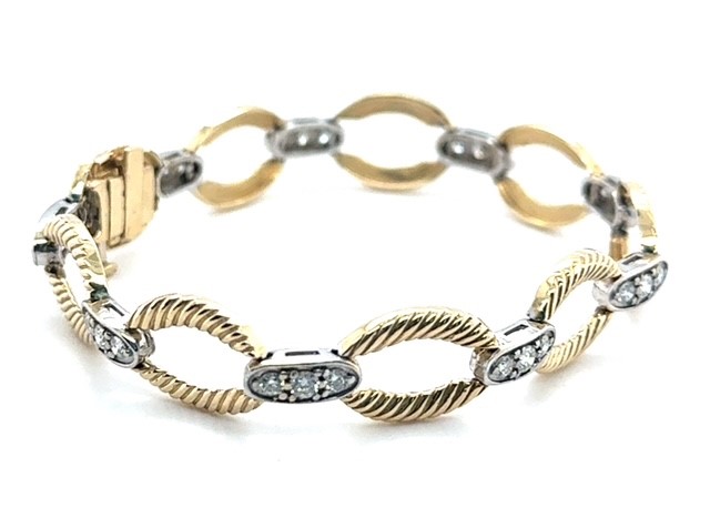 14K two-tone gold diamond cable link bracelet, 1.26 CTW, contemporary