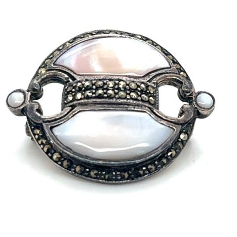 Sterling silver marcasite and mother of pearl Art Deco revival brooch, 1950-70s