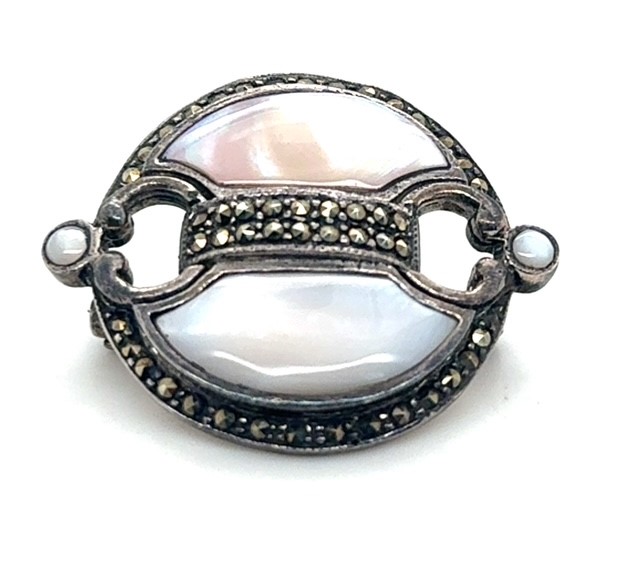 Sterling silver marcasite and mother of pearl Art Deco revival brooch, 1950-70s