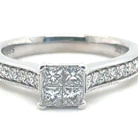 14K White Gold Invisible-Set Princess Cut Diamond Cluster Engagement Ring