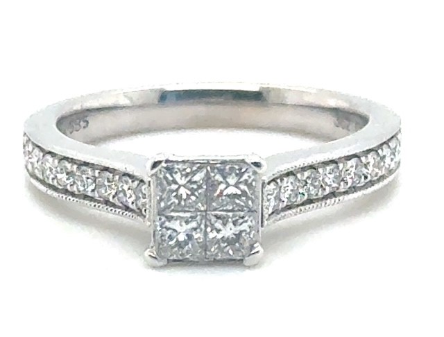 14K White Gold Invisible-Set Princess Cut Diamond Cluster Engagement Ring
