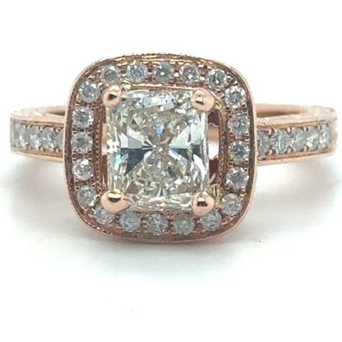 14K Rose Gold Radiant Cut Diamond Halo Engagement Ring