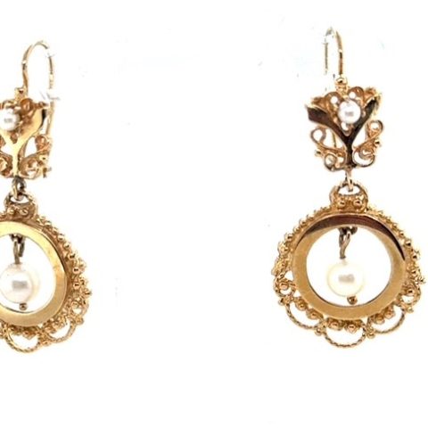 Victorian 14K yellow gold cultured pearl wreath dangle earrings with fishhook wire
