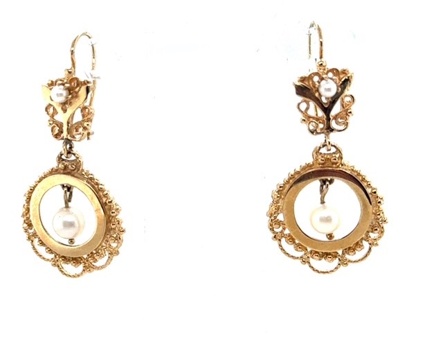 Victorian 14K yellow gold cultured pearl wreath dangle earrings with fishhook wire