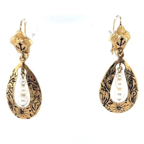 Victorian 14K yellow gold taille d'épargne enamel pearl drop earrings with anchor motif
