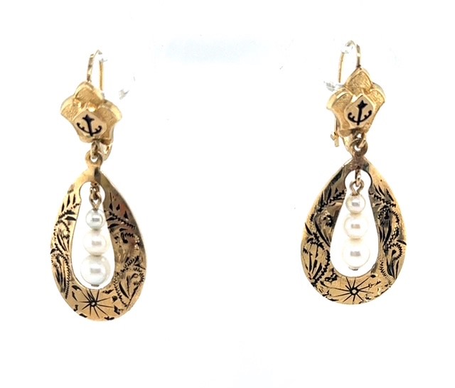 Victorian 14K yellow gold taille d'épargne enamel pearl drop earrings with anchor motif