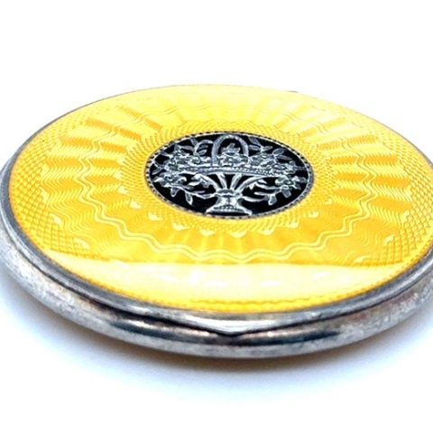 Austrian silver guilloché enamel compact with lemon yellow flower basket design