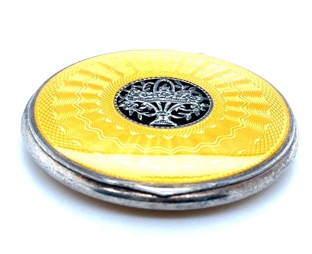 Austrian silver guilloché enamel compact with lemon yellow flower basket design