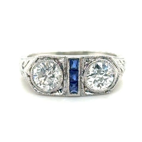 Art Deco platinum old European cut diamond and synthetic sapphire ring