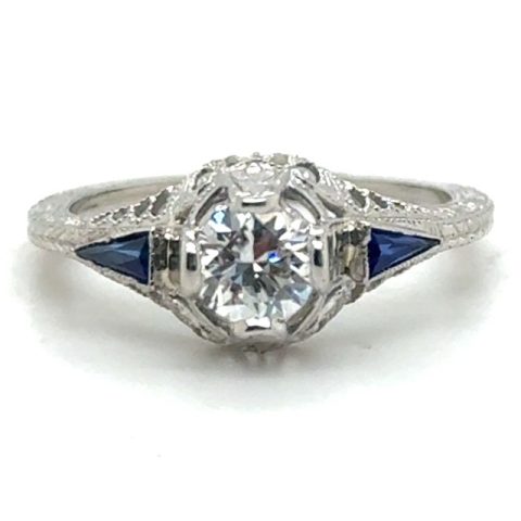 Art Deco 18K white gold diamond and synthetic sapphire ring