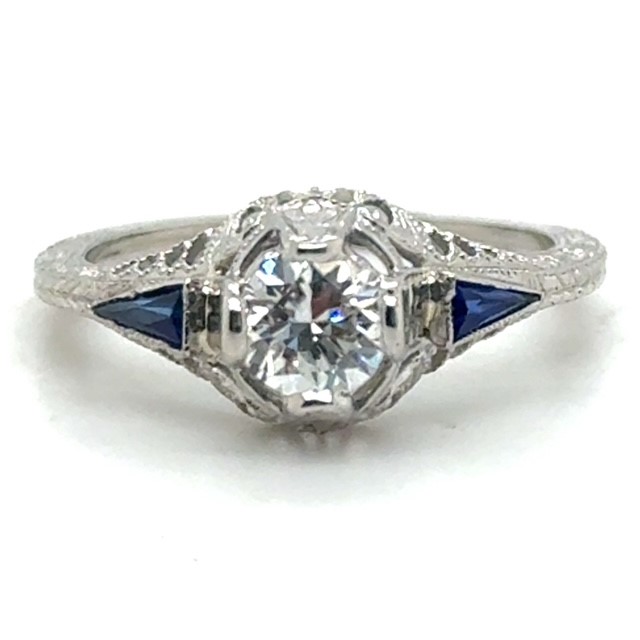 Art Deco 18K white gold diamond and synthetic sapphire ring