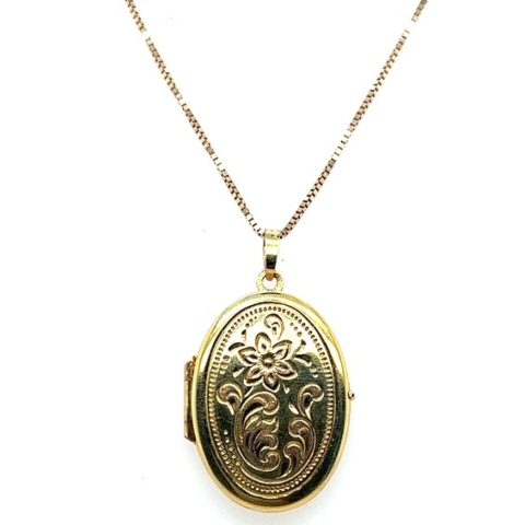 14K yellow gold oval locket pendant with floral engraving
