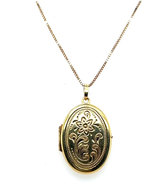 14K yellow gold oval locket pendant with floral engraving