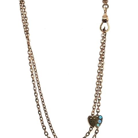 Victorian gold filled long guard watch chain with opal heart slide