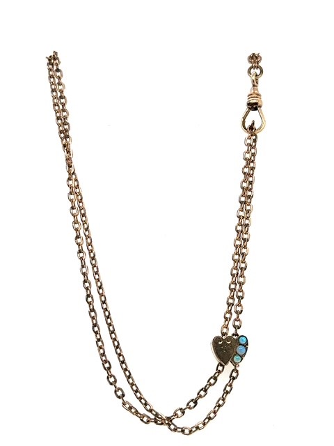 Victorian gold filled long guard watch chain with opal heart slide