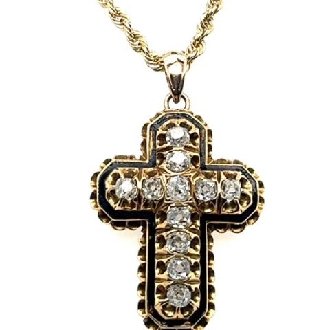 Victorian 14K yellow gold old mine cut diamond and black enamel cross pendant