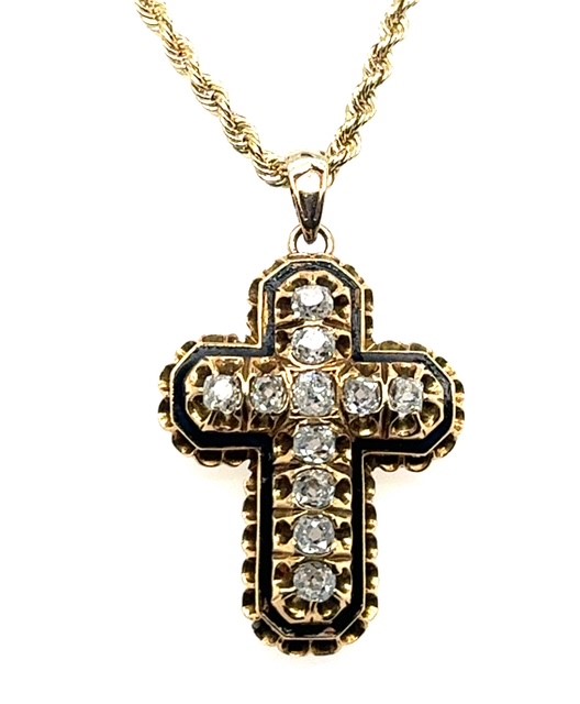 Victorian 14K yellow gold old mine cut diamond and black enamel cross pendant