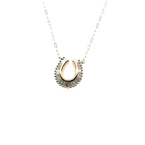 Contemporary 14K yellow gold baguette diamond horseshoe pendant necklace