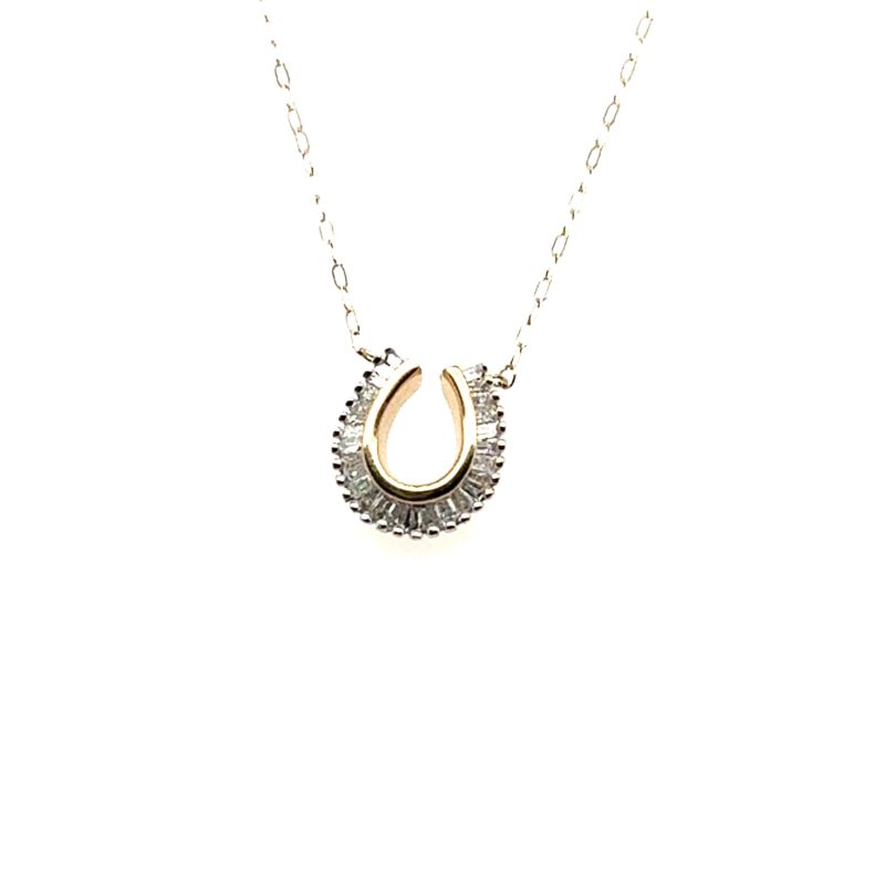 Contemporary 14K yellow gold baguette diamond horseshoe pendant necklace