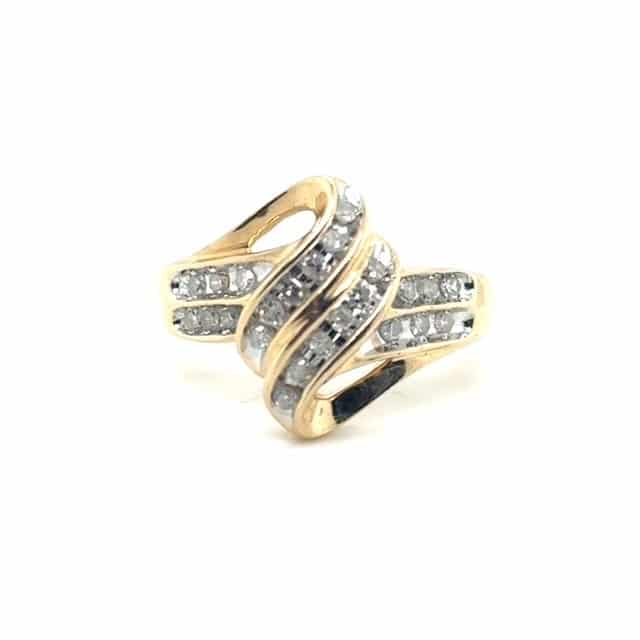 10K two-tone gold ribbon style ring with channel set single cut diamonds, 0.48 CTW, size 7.75