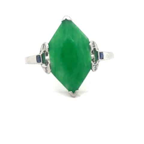 Art Deco platinum dyed jade ring with diamond and synthetic sapphire accents