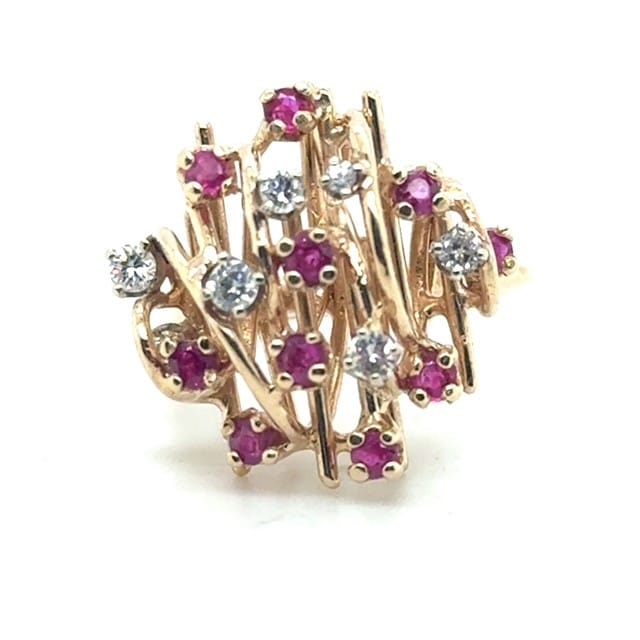 Mid Century brutalist 14K yellow gold diamond and ruby stick ring