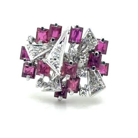 Mid Century Sputnik 18K white gold purple sapphire and diamond ring
