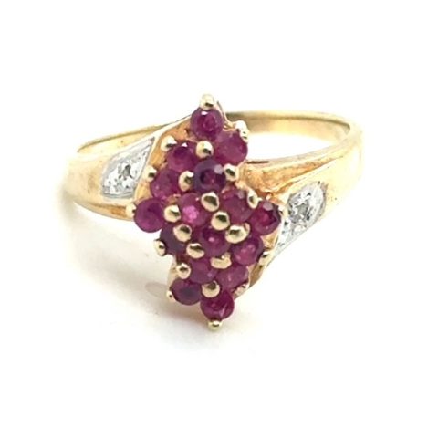 14K two-tone gold ruby cluster ring with diamond accents