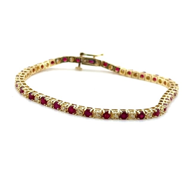 14K yellow gold ruby and diamond tennis bracelet, 3.30 CTW rubies, 0.30 CTW diamonds, 1990s