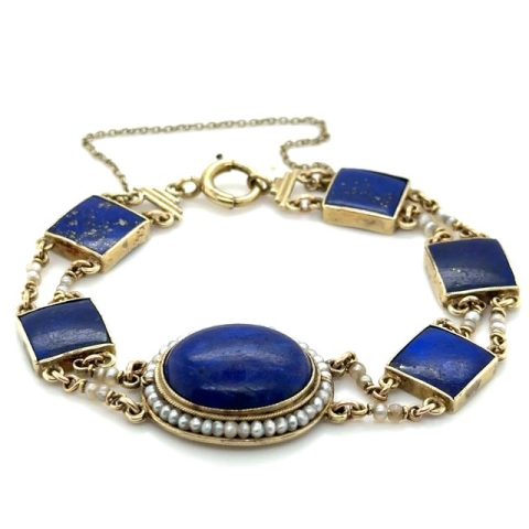 14K yellow gold lapis lazuli and seed pearl bracelet, Early Victorian