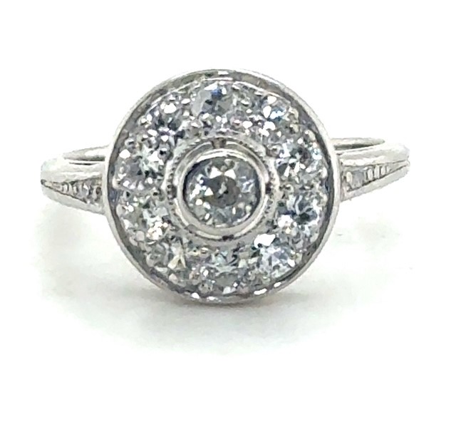 Platinum Art Deco old European cut diamond target ring with milgrain halo, circa 1920-1930