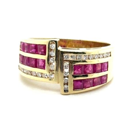 14K yellow gold bypass ring with channel set square cut rubies and round diamonds