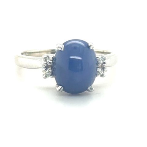 14K white gold ring with oval Linde star sapphire and diamond accents