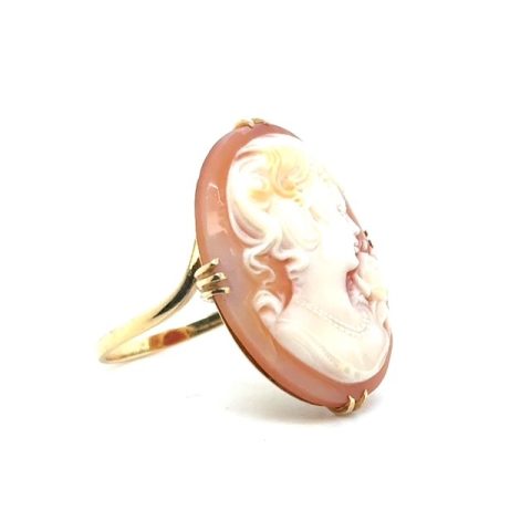 18K yellow gold ring with carved shell cameo of a woman in profile holding a rose