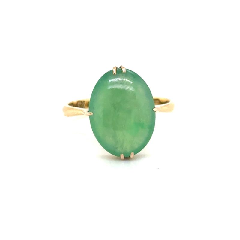 14K yellow gold solitaire ring with oval green dyed jadeite